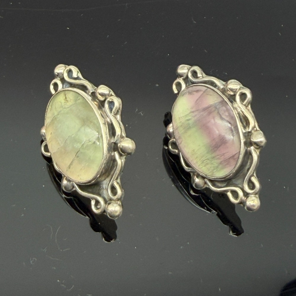 Sterling Silver Oval Rainbow Pink Green Fluorite Ornate Scroll Earrings Mexico